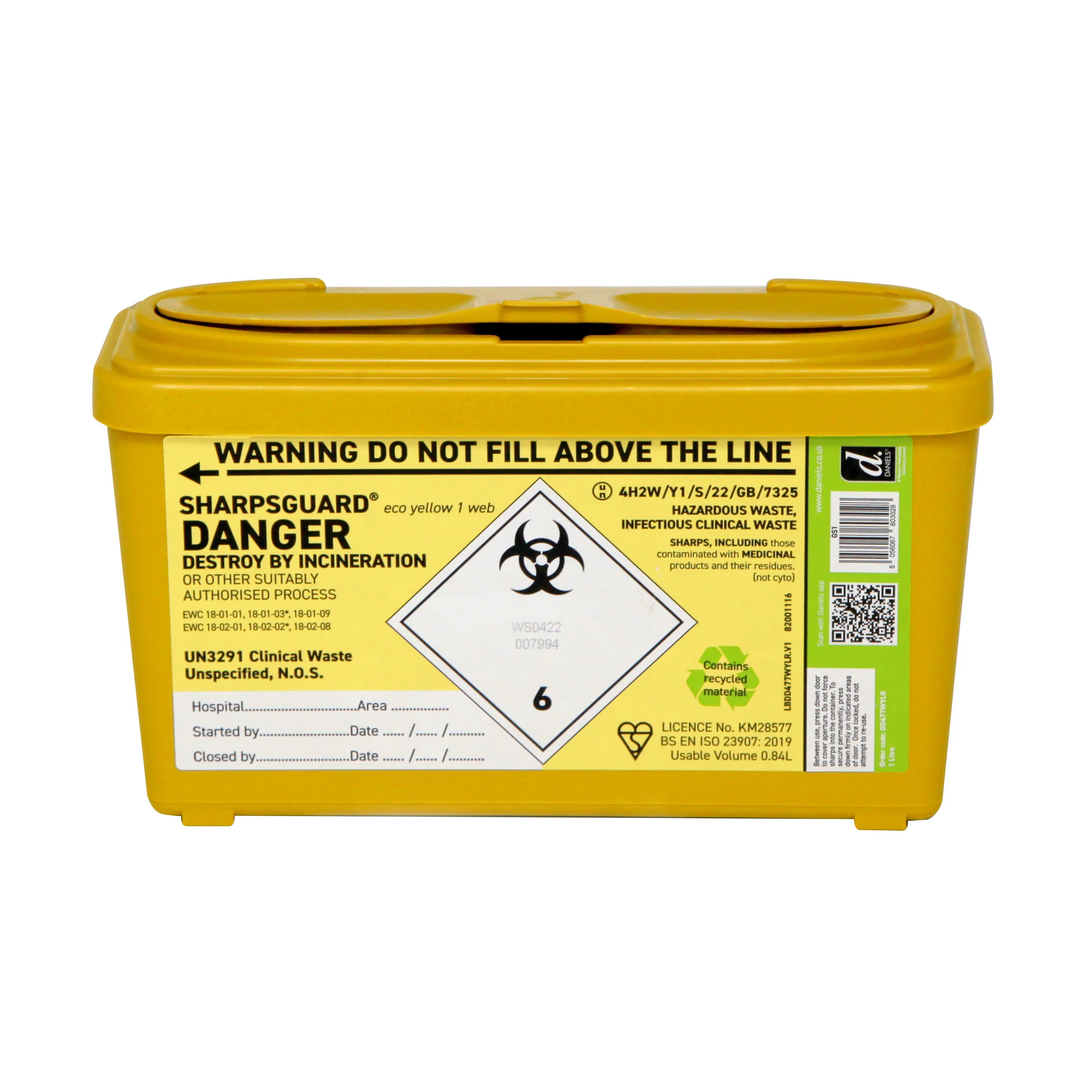 Sharpsguard Yellow 1 Litre Sharps Bin - Single
